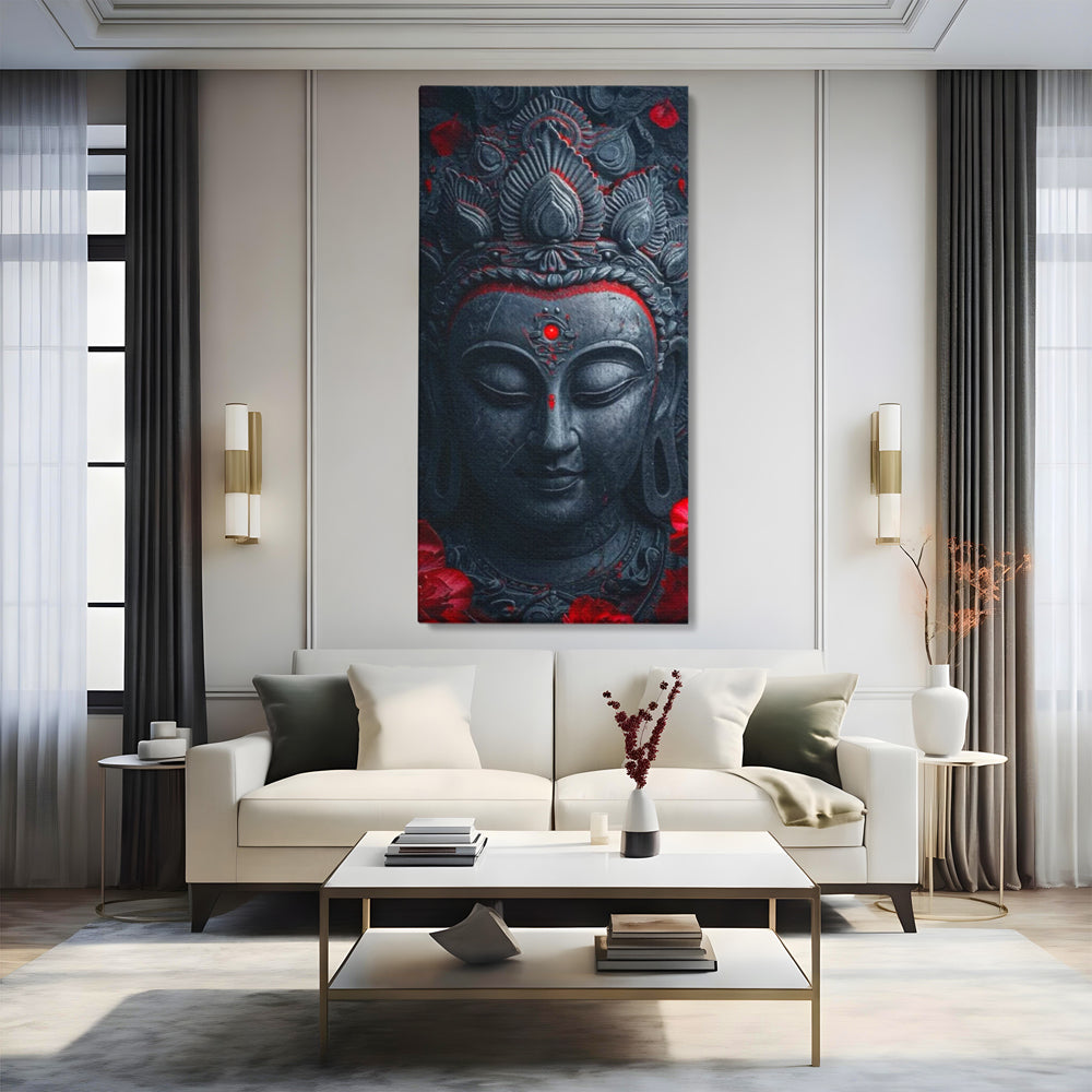 Tablou canvas cu tablou canvas cu capul lui buddha, fara rama, pe sasiu de lemn, pe perete intr-un living